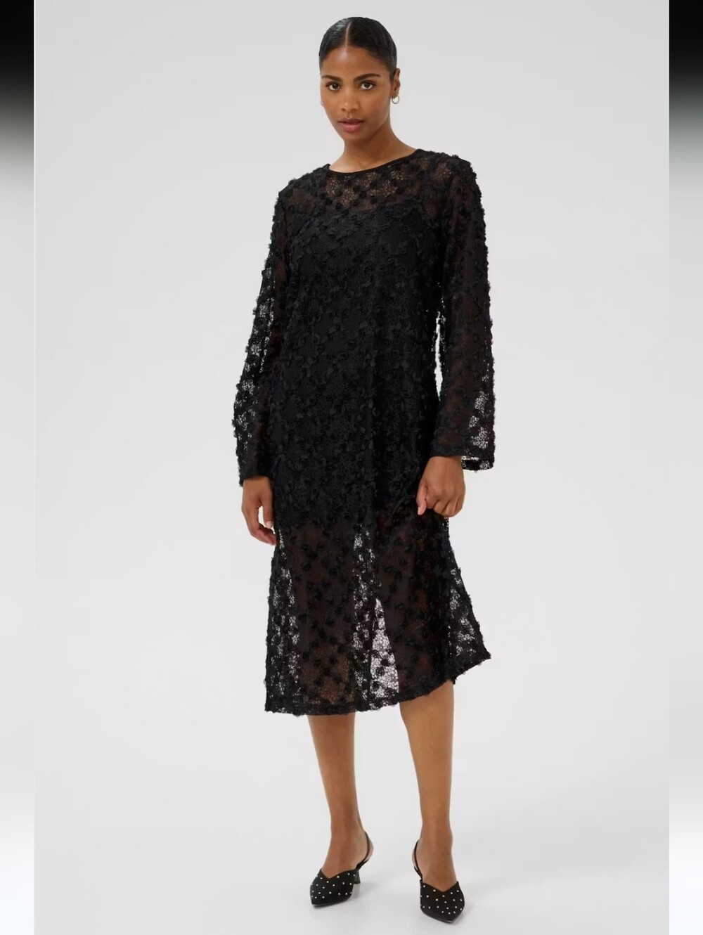 Kaffe KArosie Black Floral Lace Long Sleeve Midi Dress